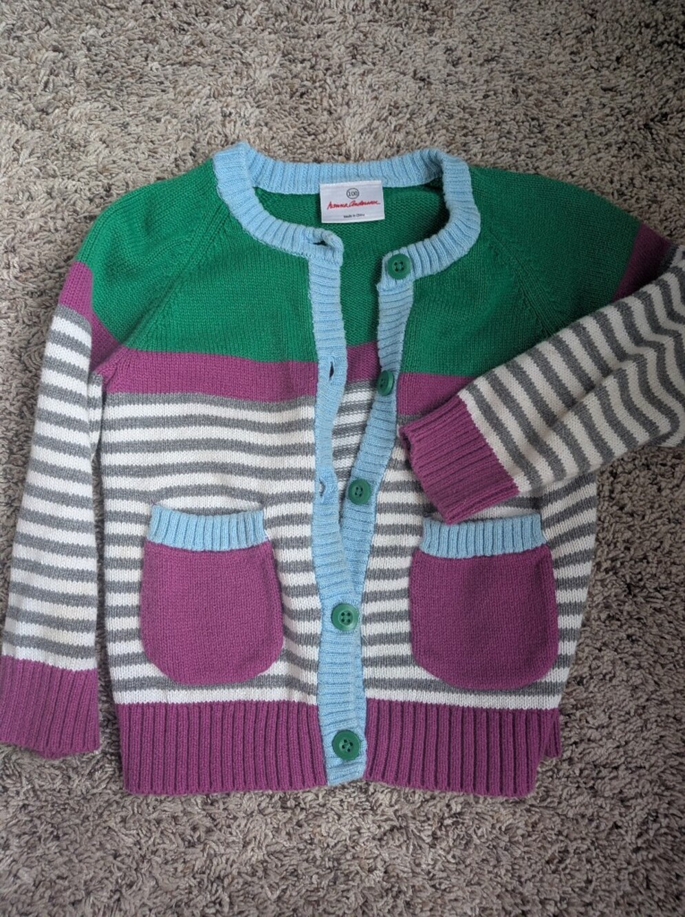 Hanna Andersson Striped Button-Up Cardigan Jacket in Green & Purple
